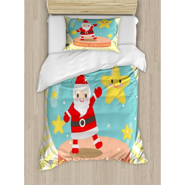 Christmas Duvet Cover Set Twin Size, Happy Dancing Santa and Smiling
