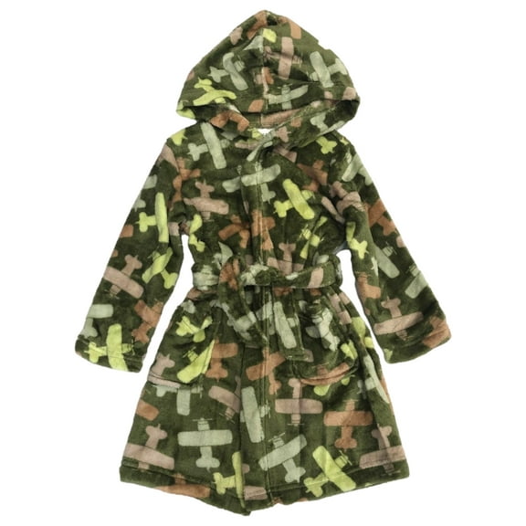 Toddler Girls Plush Green & Pink Airplane Print Bath Robe 2T