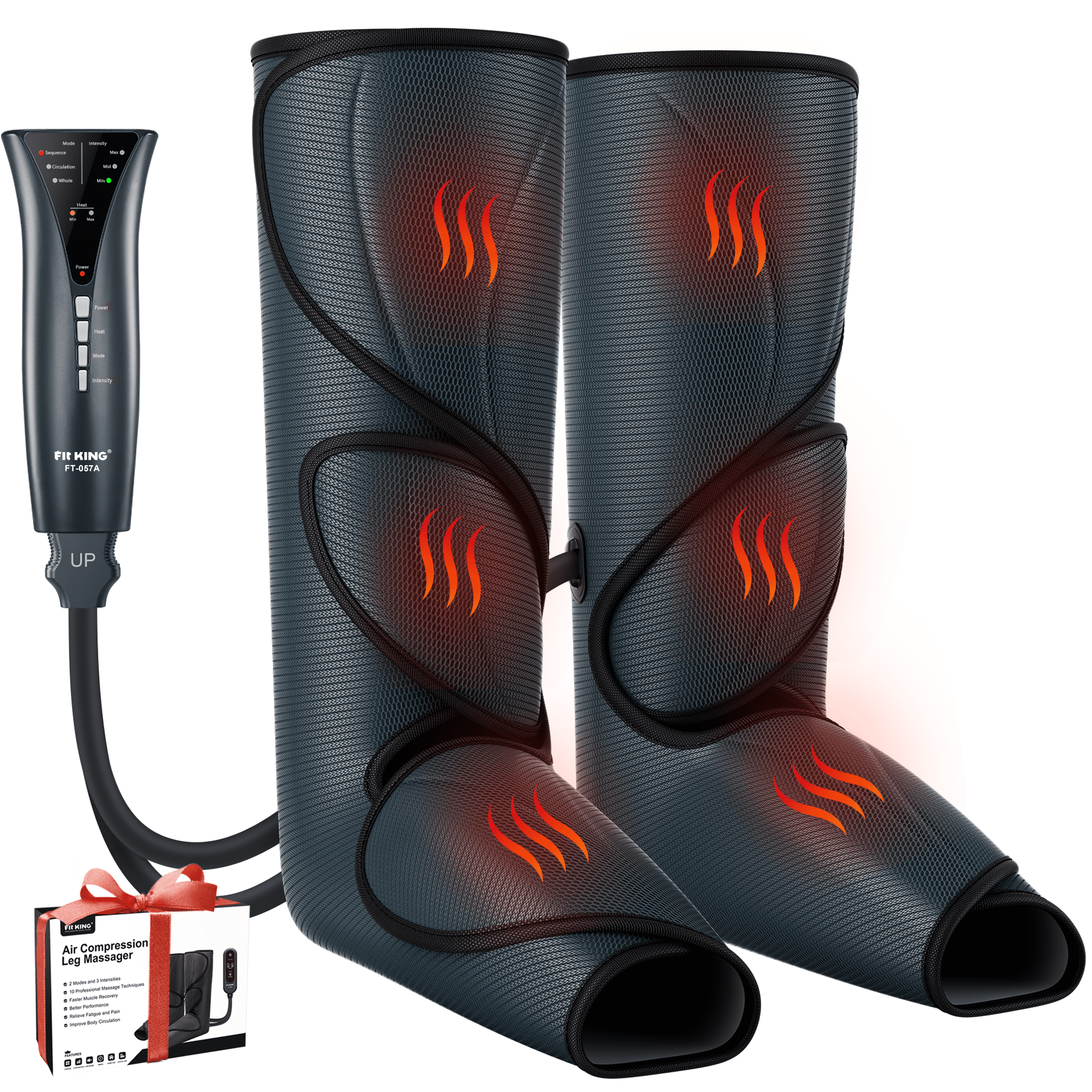 FIT KING Leg Massager with Heat, Leg and Foot Massager for Circulation, with Handheld Controller 3 Modes 3 Intensities 2 Heating Levels, 2 Extensions FSA/HSA Eligible