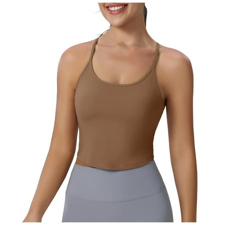 Zhaghmin Racer Back Sports Bra for Women Cropped Tank Tops Built in Bras Workout Running Vest Padded Cami Bras Soft Bras for Women Wirefree Coffee M