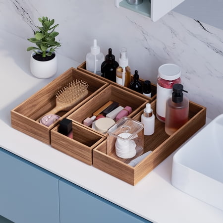 Seville Classics Acaicia Wood Premium Organizer Storage Bins for Kitchen Silverware, Pantry, Closet, Office Desk, Pens, Utensils, Makeup, K Cup, Acacia Wood, Bin Set (10 Piece)