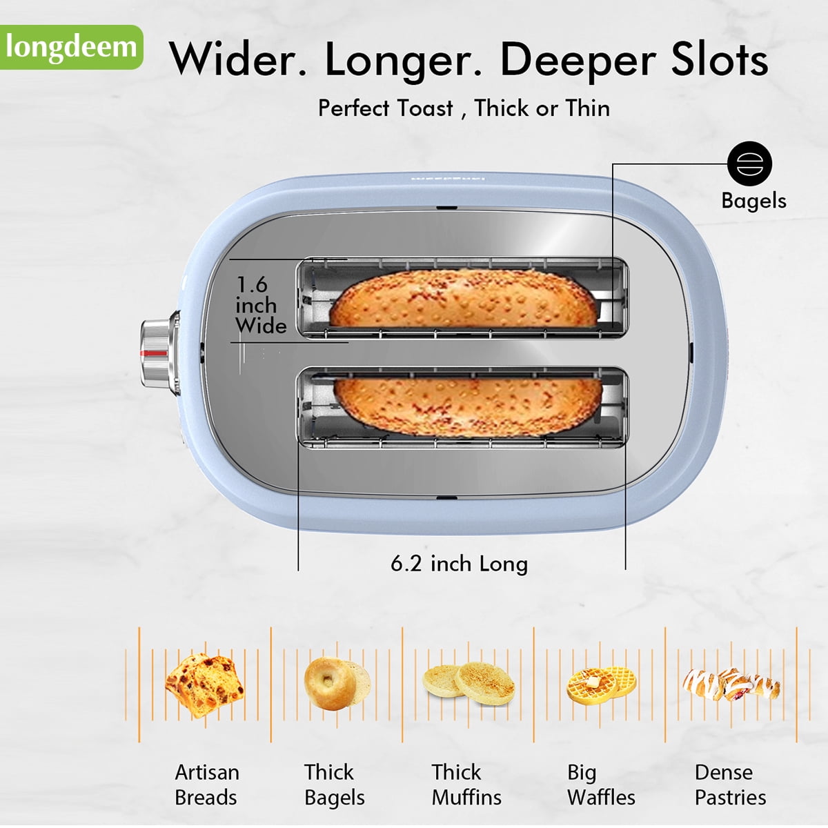 LONGDEEM 2 Slice Toaster - 6 Settings, Extra Wide Slots, High Lift, Auto Shutoff - Blue