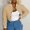Khaki, variant on LEKODE Women Lightweight Cropped Faux Leather Varsity Baseball Bomber Jacket Snap Button Long Sleeve Casual Streetwear Outerwear Yellow XL