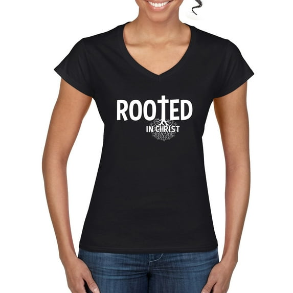Wild Bobby Rooted in Christ Inspirational/Christian Women Standard V-Neck Tee, Black, X-Large