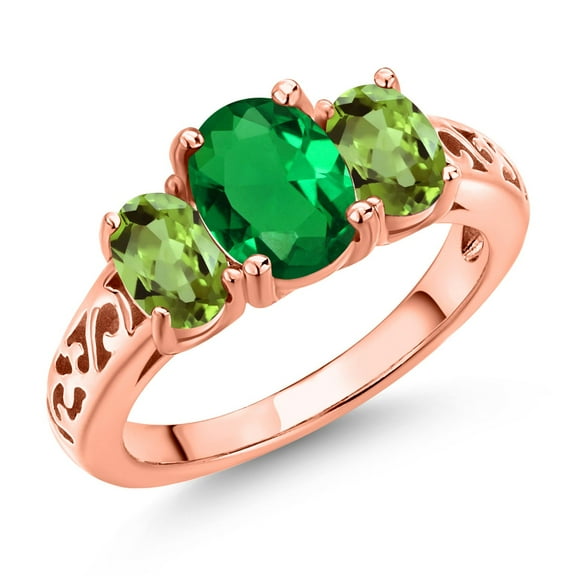 Gem Stone King 18K Rose Gold Plated Silver Green Nano Emerald and Green Peridot Filigree Style 3 Stone Ring for Women (1.75 Cttw, Oval 8X6MM and 6X4MM) (Size 6)