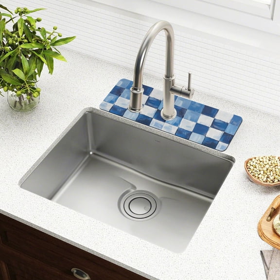 Yayeee Faucet Mat for Kitchen Sink 14.7" Diatomite Long Splash Guard Pad, Blue and Gray Plaid Pattern
