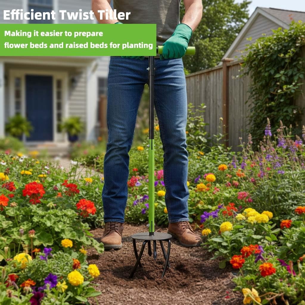 Hand Tiller Cultivator  Manual Twist With Arrow Tines Extra-wide Foot Plate Tills Effortlessly For Gardening Soil Loosening Flower Beds & Raised