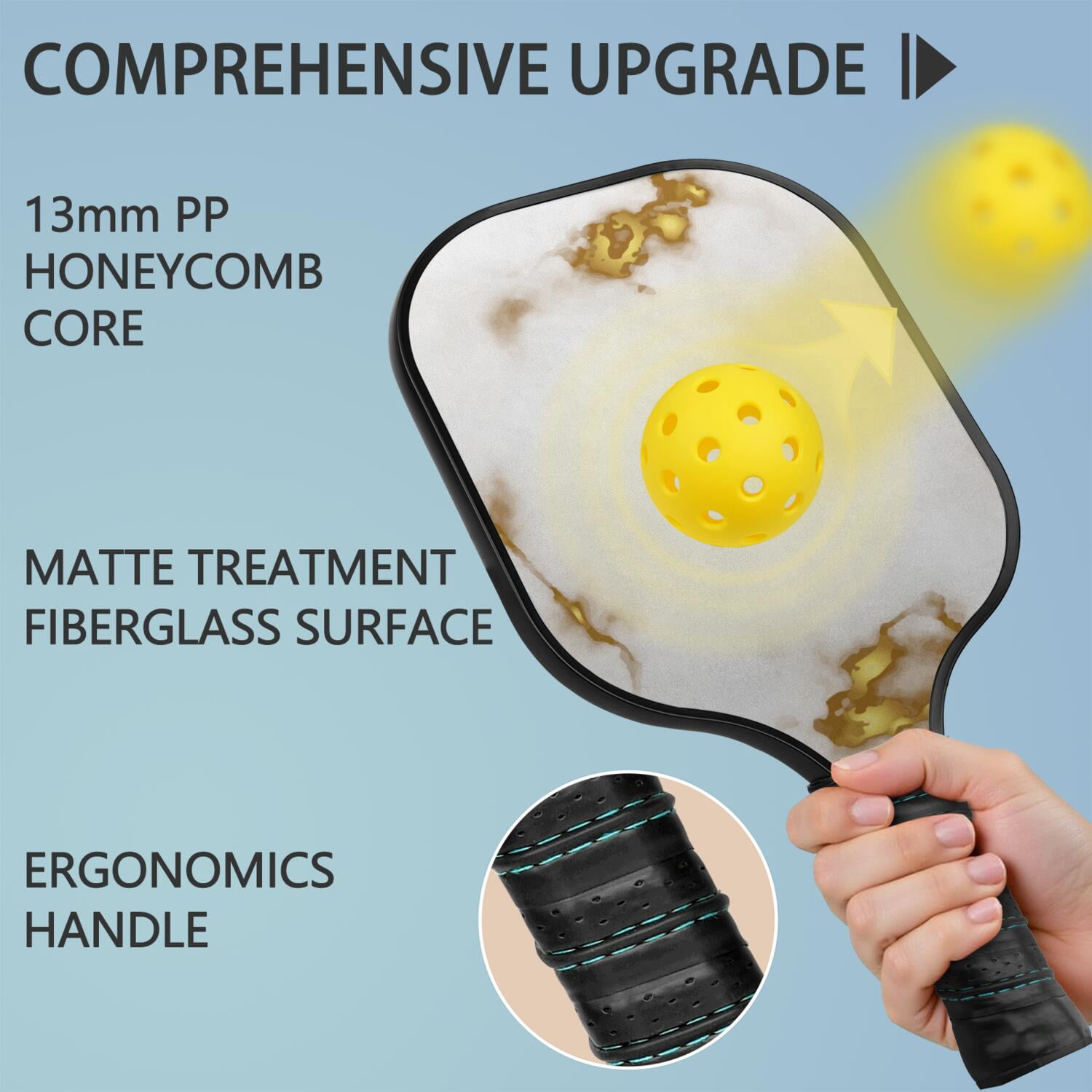 Pickleball Paddles Set Of 1, Fiberglass Surface, Turquoise Marble Pattern, 1 Paddle, 2 Balls & Bag