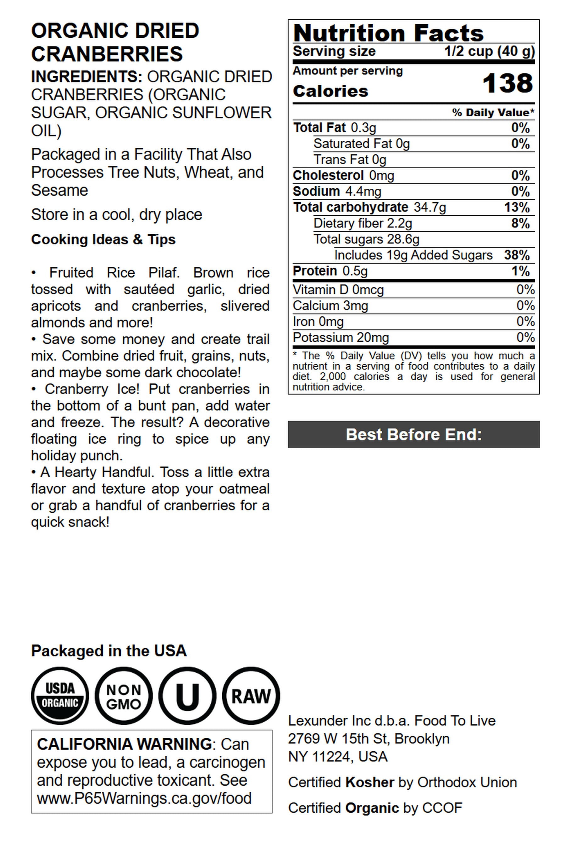 Organic Dried Cranberries, 10 Pounds — Non-GMO, Kosher, Raw, Vegan — by Food to Live