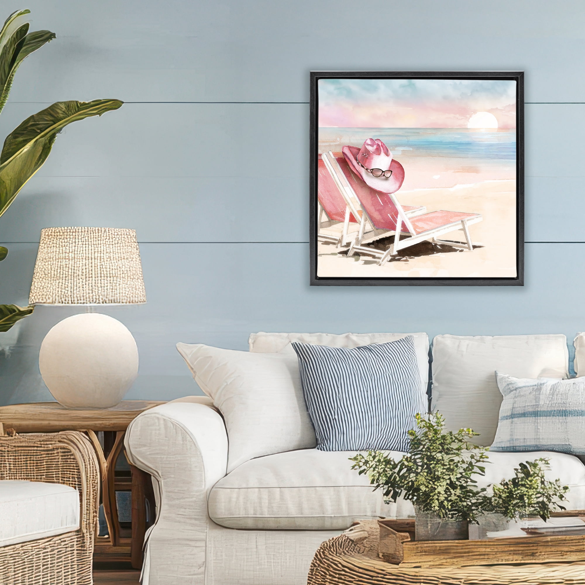 Stupell Industries Blush Pink Beach Chairs Black Framed Floater Canvas Wall Art, design by Paul Mathenia