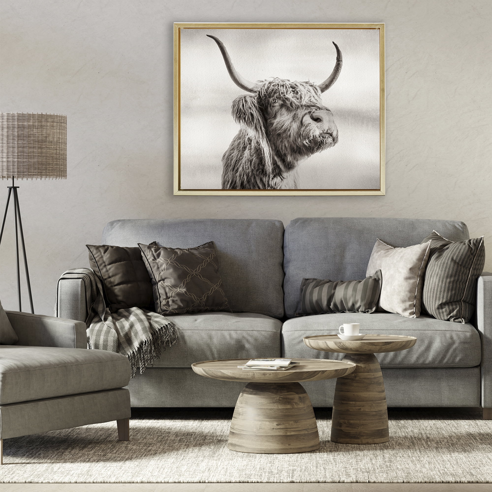 Stupell Industries Horned Highland Cow Gazing Gold Framed Floater Canvas Wall Art, design by Julia Frost