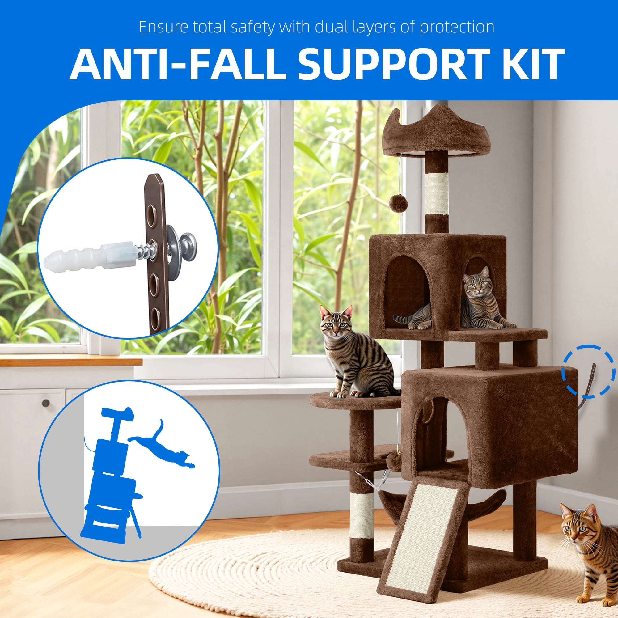 Dextrus 54" Multi-Level Cat Tree Tower with Cat Condos, Plush Top Perches, Hammocks, Sisal Scratching Post Board, Indoor Cat Activity Center,Brown