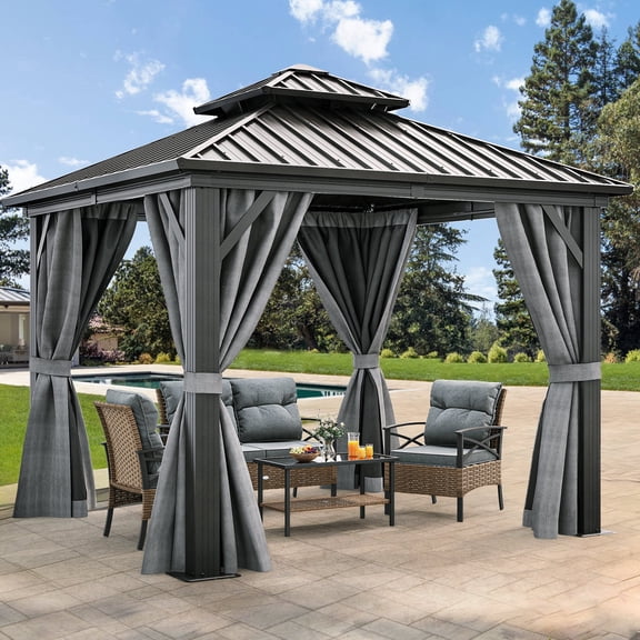 Dextrus Double Roof Hardtop Gazebo with Netting and Curtains, Outdoor Heavy Duty Galvanized Steel Combined of Vertical Stripes Roof,Ideal for Patio, Backyard, Deck, Lawns-10x10ft, Gray