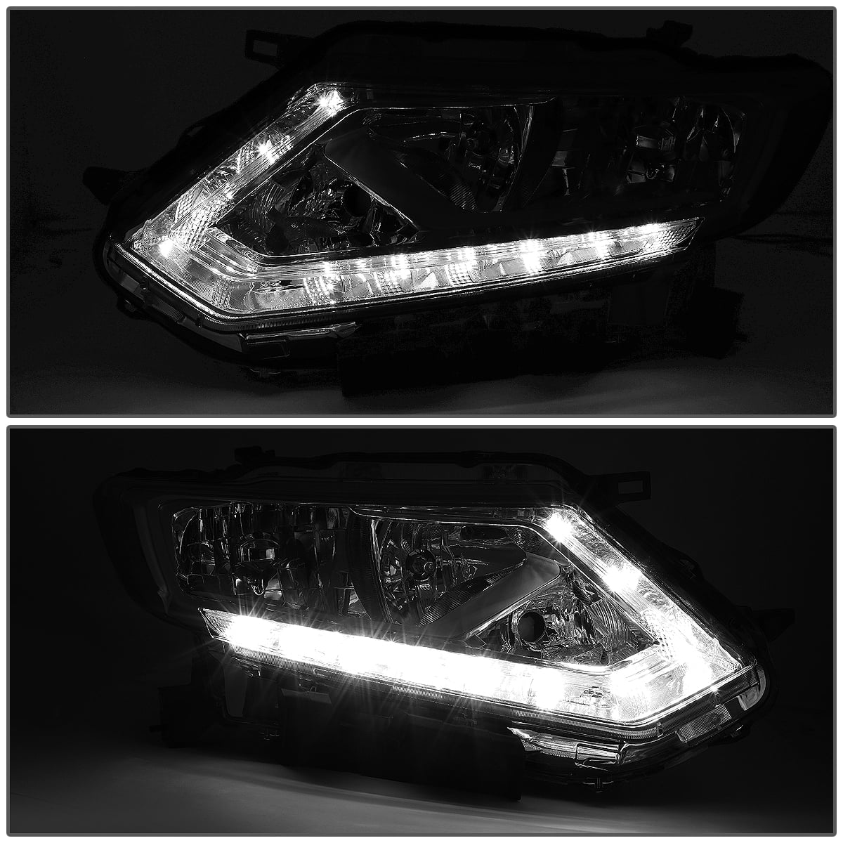 DNA Motoring HL-OH-NROG14-BK-AM Black Amber Headlights With LED DRL Strip Replacement Compatible with 14-16 Nissan Rogue 