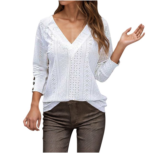Yuyuzo Womens 3/4 Sleeve Eyelet Tops Fall Casual Deep V Neck Solid Color Lightweight Basic Shirts