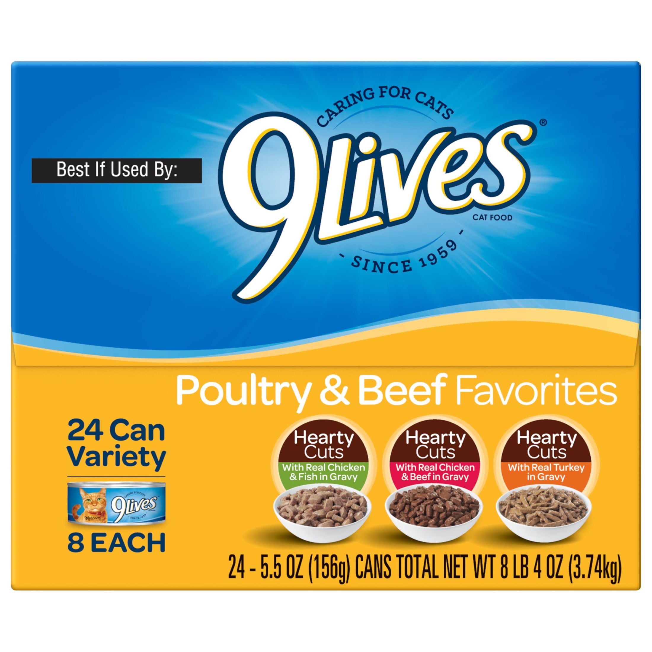 (3 pack) 9Lives Poultry and Beef Favorites Variety Pack Wet Cat Food, 5.5-Ounce Can, 24 Count