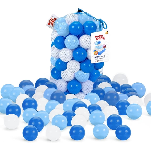 Antsy Pants 100 Ball Pit Balls, Ball Pit for Toddlers 1-3, Non-Toxic Materials, Lightweight, Reusable Storage Bag, Plastic Balls for Ball Pit, Sensory Toys for Kids, Blue/White