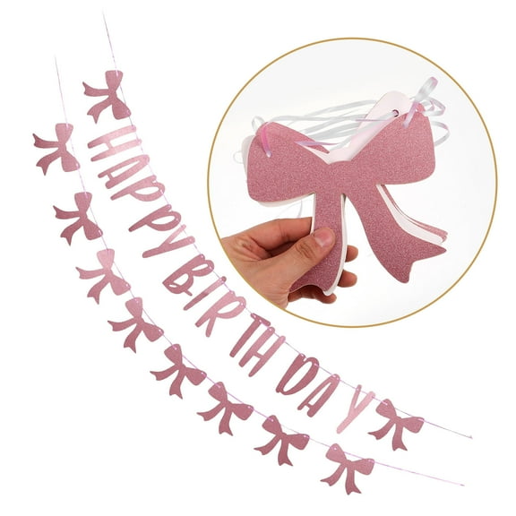 OUNONA Pink Bow Birthday Banner Party Decorations Reusable Happy Birthday Sign for Decor