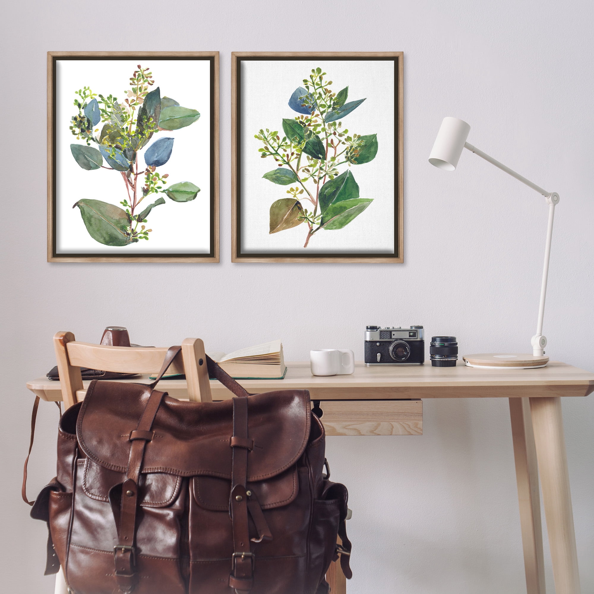 Stupell Industries Soft Eucalyptus Plant Ombre Leaves Botanical & Floral Painting Brown Floater Framed Canvas Art Print Wall Art, 25 x 31, Set of 2