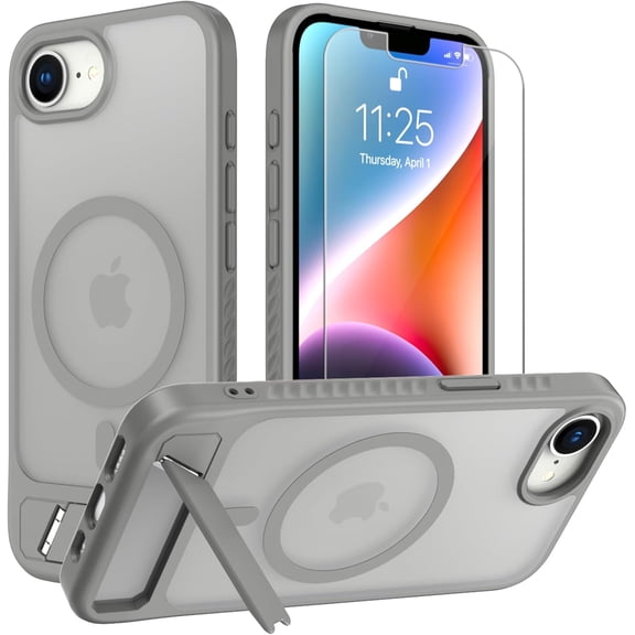 MYKOMI for iPhone 16E case: [fit for Magsafe] Strong Magnetic & Invisible Stand, Military-Grade Drop Protection with Screen Protector, Adjustable Kickstand Frosted Translucent Matte Phone Case