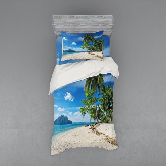 Landscape Duvet Cover Set, Exotic Botanic Island near Seashore Palms Mountains Clear Open Sky Photo, Bedding Set with Shams and Fitted Sheet, 3 Sizes, by Ambesonne