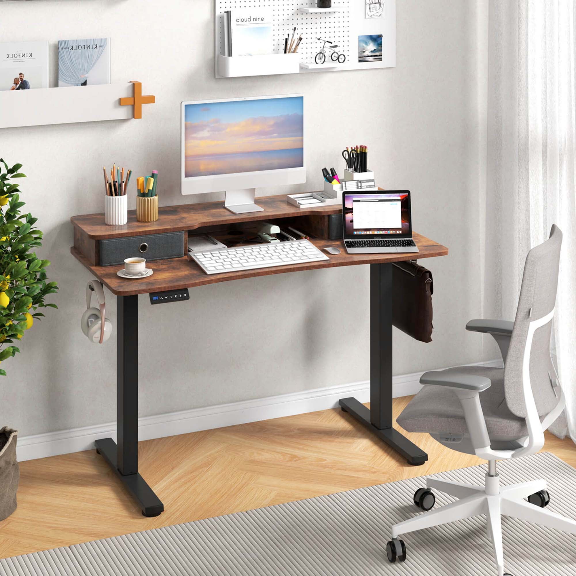 Costway 48"x 24" Electric Standing Desk with 2 Drawers Monitor Stand Storage Shelf Brown