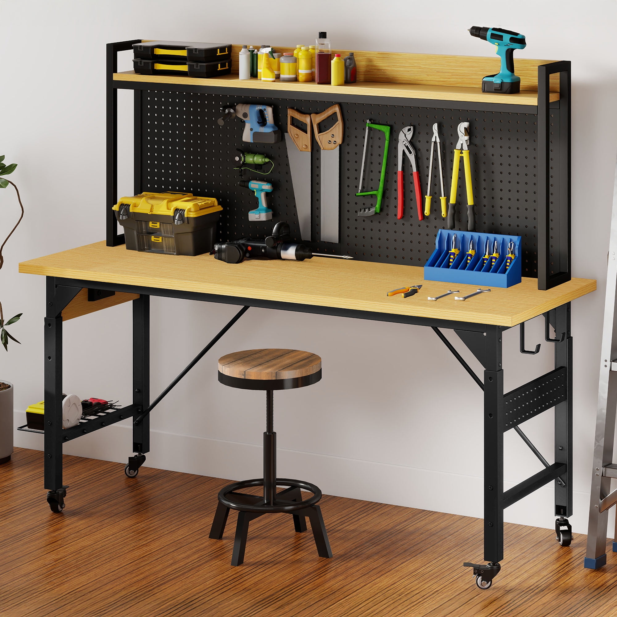 Dextrus Adjustable Workbench with Pegboard,Heavy Duty Steel Work