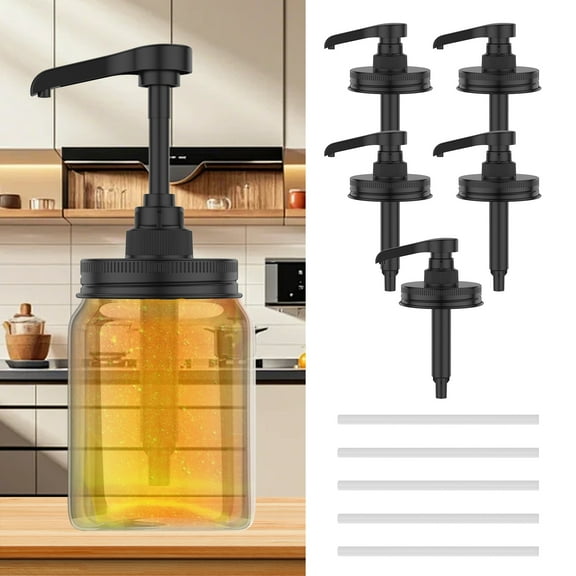 Qenwkxz 5PCS Glass Jar Syrup Dispenser Pump Lid Stainless Steel Honey Sauce Dispenser Pump Lid Easy Install for 16 OZ Regular Mouth Black 2.87X7.76in