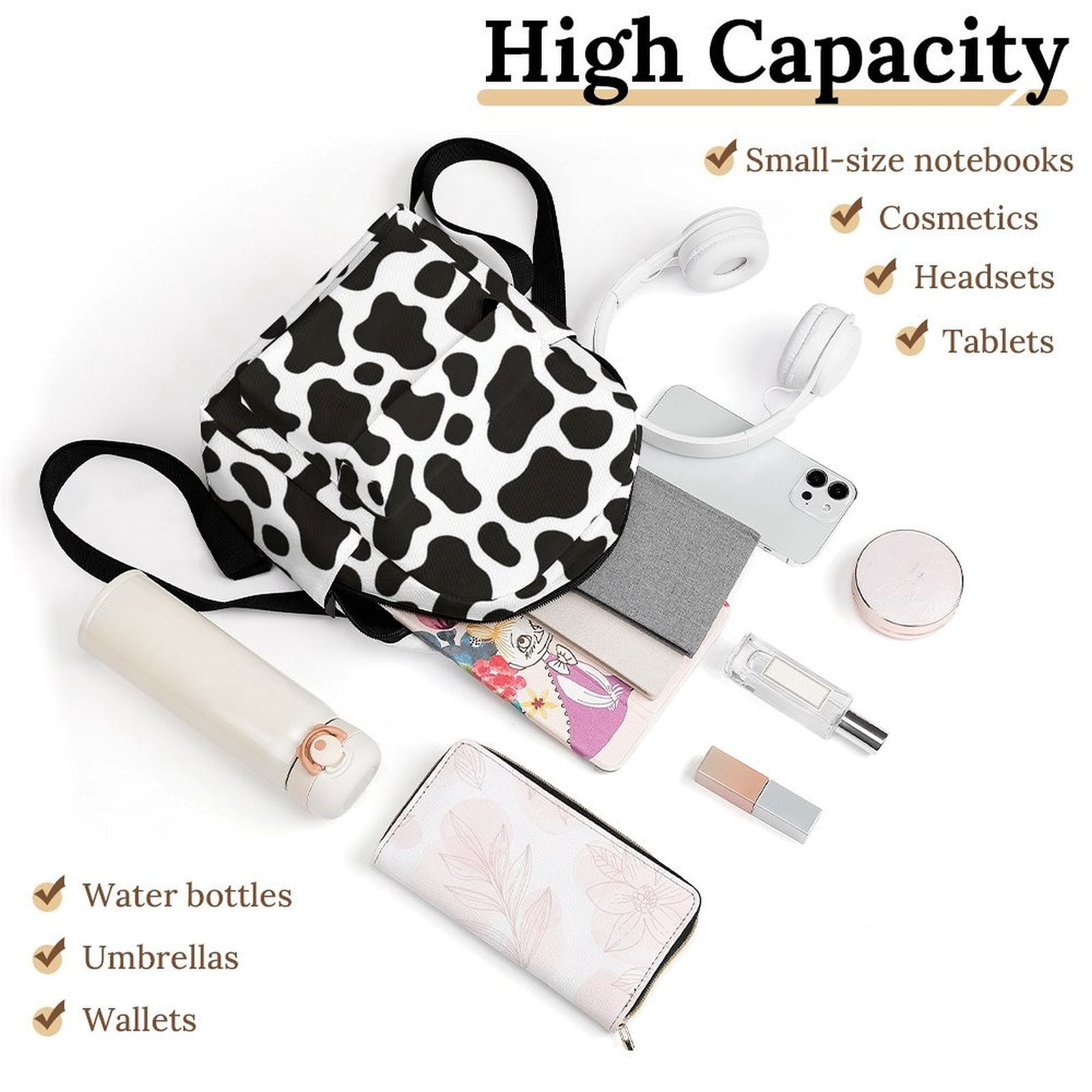 8.1×10in Casual Women'S Backpack With Anti-Contraction And Stretch For Sports Activities Travel Picnics Black White Cow Print
