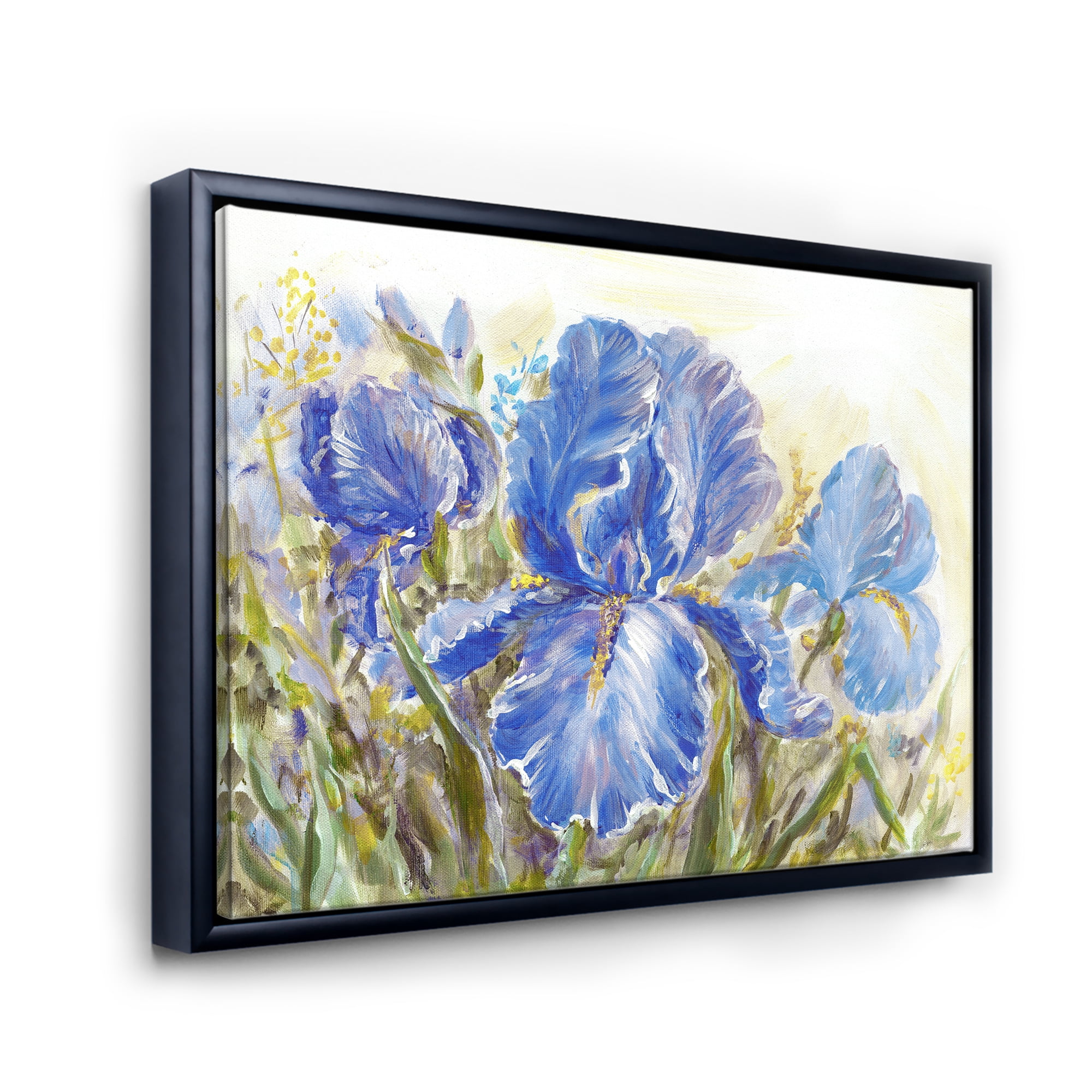 Blue Irises Blossoming Flowers 40 in x 30 in Framed Painting Canvas Art Print, by Designart