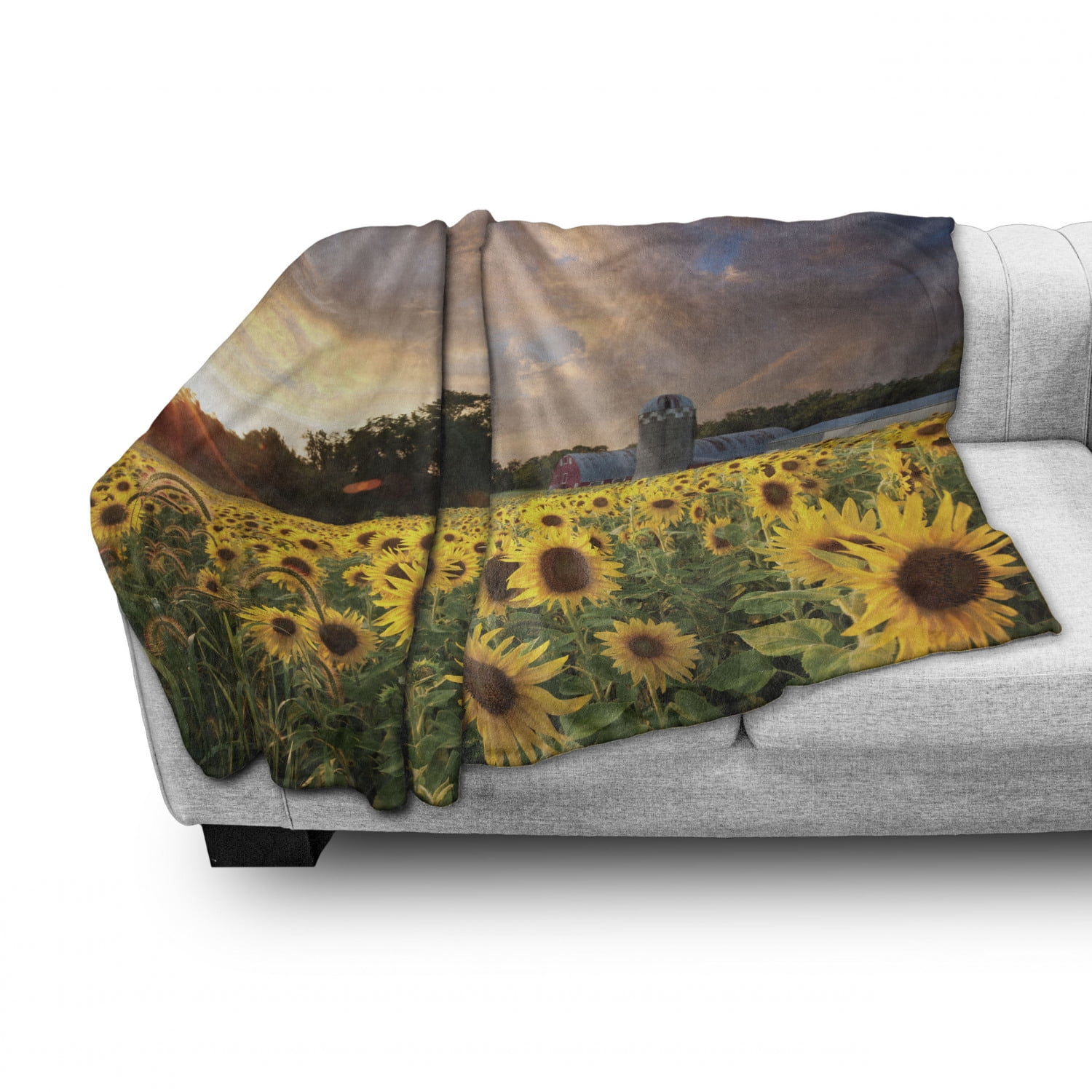 Multicolor Ambesonne Minnesota Throw Blanket Field of Yellow Sunflowers in a Minnesota Farmland Below a Dramatic Sunset Sky Flannel Fleece Accent Piece Soft Couch Cover for Adults 60 x 80