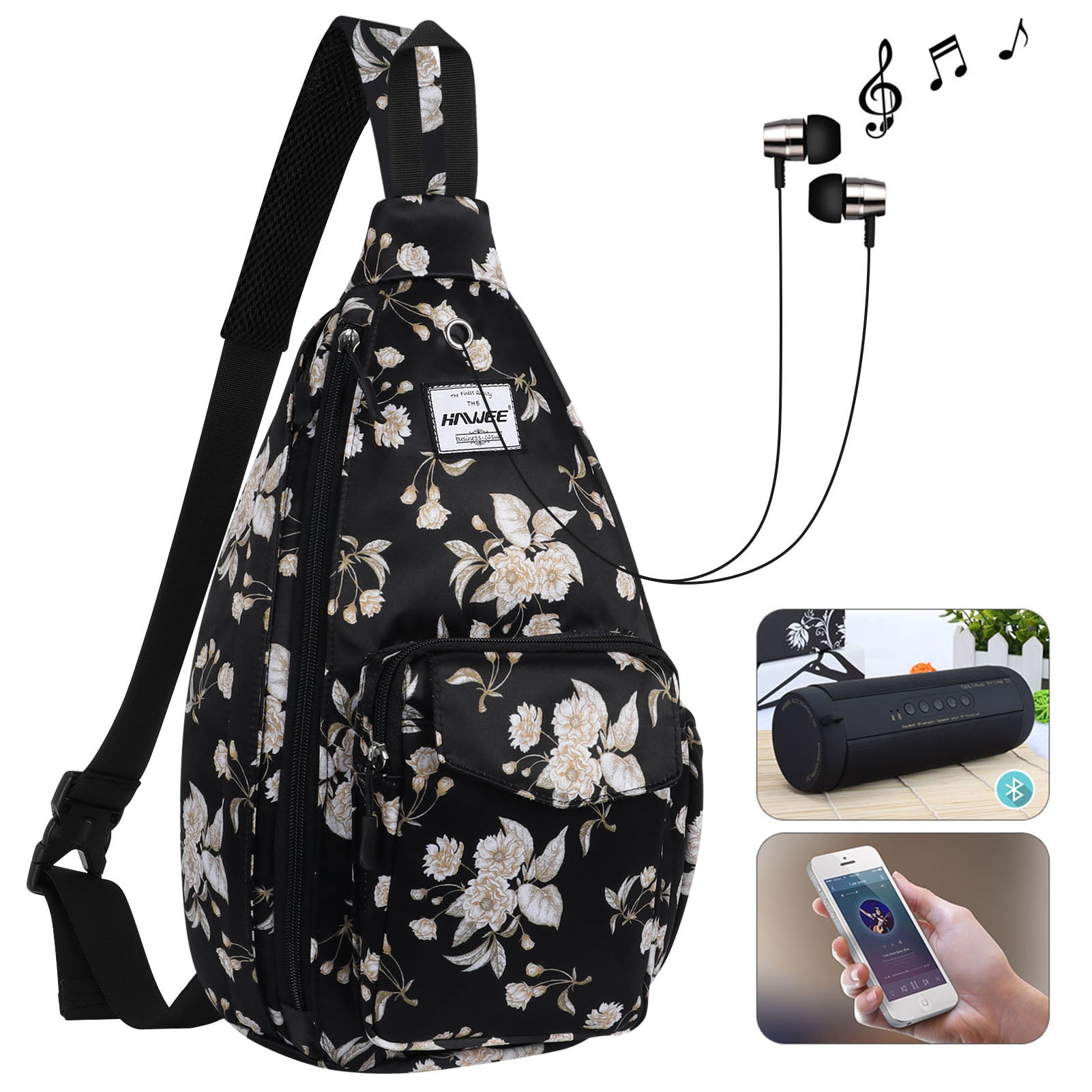 HAWEE Rope Sling Bag for Women and Men Casual Cross Body Backpack Adjustable Anti-slip Strap/ Bottle Pocket/ Earphone Hole for Travel Hiking Sports, Beige Flower
