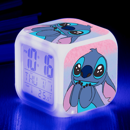Penngyun Digital Alarm Clock for Kids, Cartoon Stitch Pattern 7 LED Color Changing Wake Up Clock with Thermometer Function and Night Light, Gift for Boys Girls A93-1822 D13-001