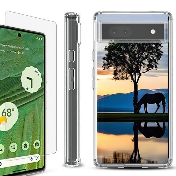 Shockproof Bumper Phone Case for Google Pixel 6a, with Tempered Glass Screen Protector, by OneToughShield ® - Horse Tree