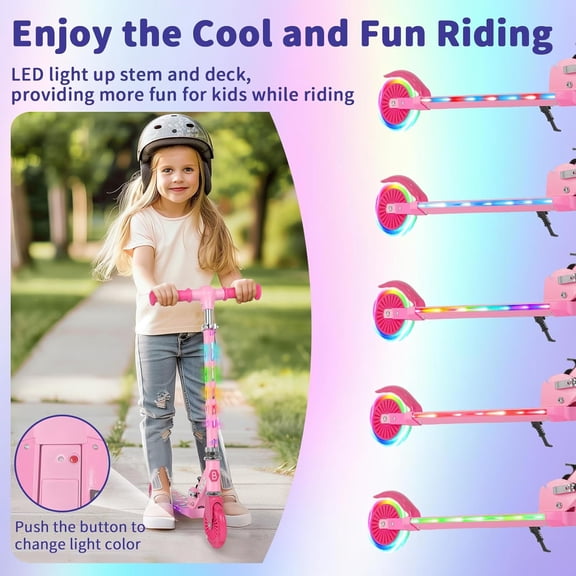 Light- Wheels & Stem Kids Scooter, 4 Adjustable Height Foldable Kick Scooter for Ages 3-12