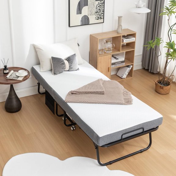 Folding Bed with Mattress, Portable Foldable Bed with 5"Memory Foam Mattress and Metal Frame,Roll Away Bed Guest on Wheels with Side Storage Pocket, Space Saving, Easy Storage