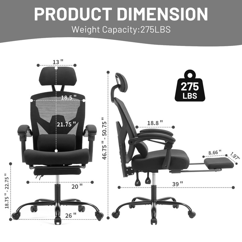 Ergonomic Office Chair with Footrest, Swivel Mesh Chair with Lumbar Support, Headrest and Flip-up Armrests for Home Office, Black