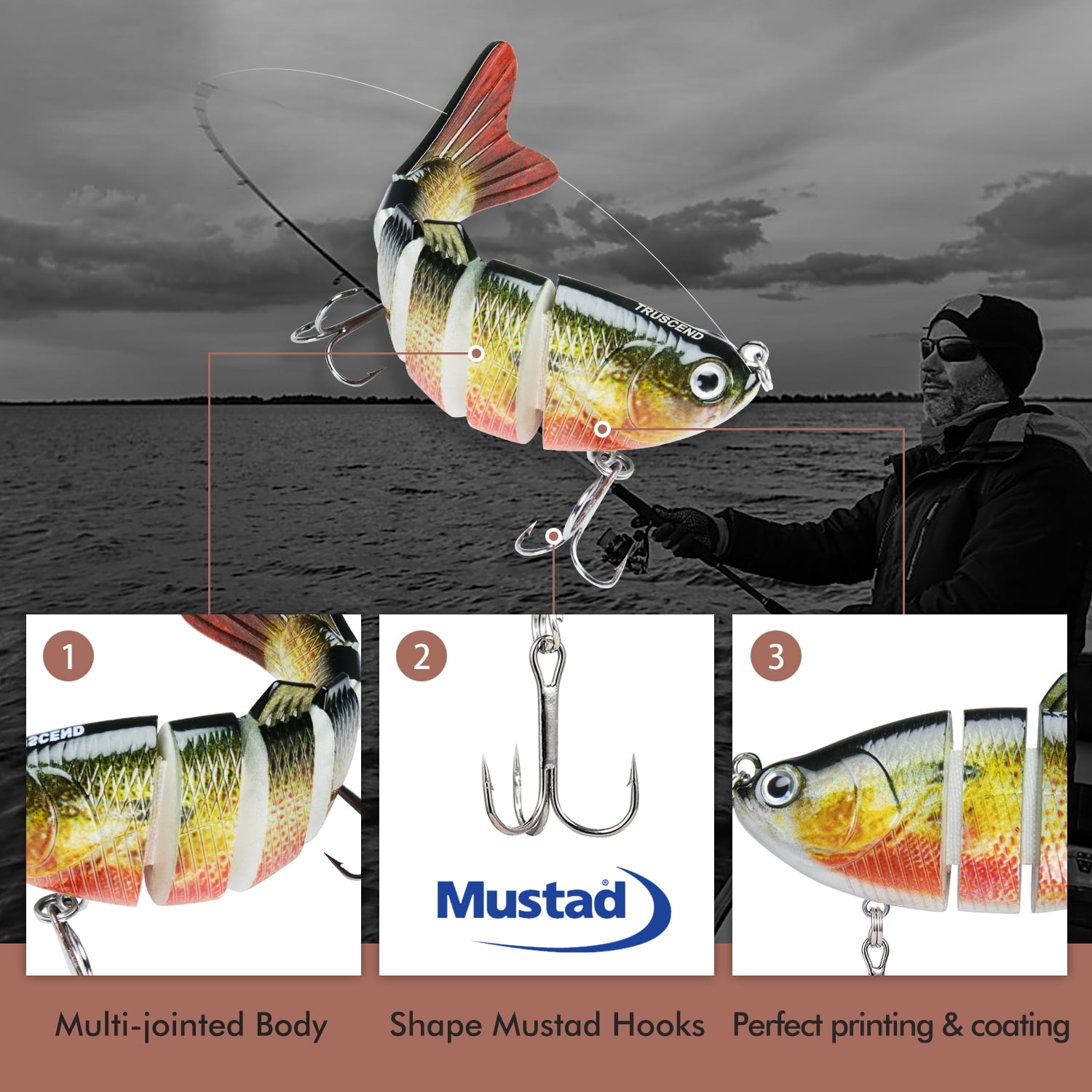 TRUSCEND Swimmax Fishing Lure with BKK Hook， Easy Catch: Wiggling, Vibrating, Rattling with Noise, Heavy-Duty Dyneema Fiber Jointed Swimbait for Bass, Trout, Crappie，Ideal for Family Fishing