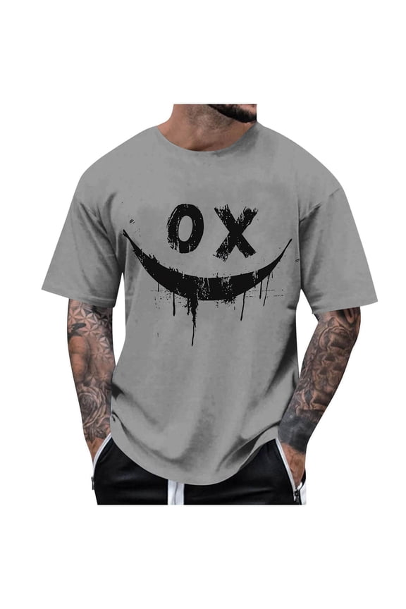 Mens Crew Neck Short Sleeve Tops Smile Face Graphic T-Shirt Plus Size Casual Loose Fit Tee Trendy Streetwear Hiphop T Shirts Gray L