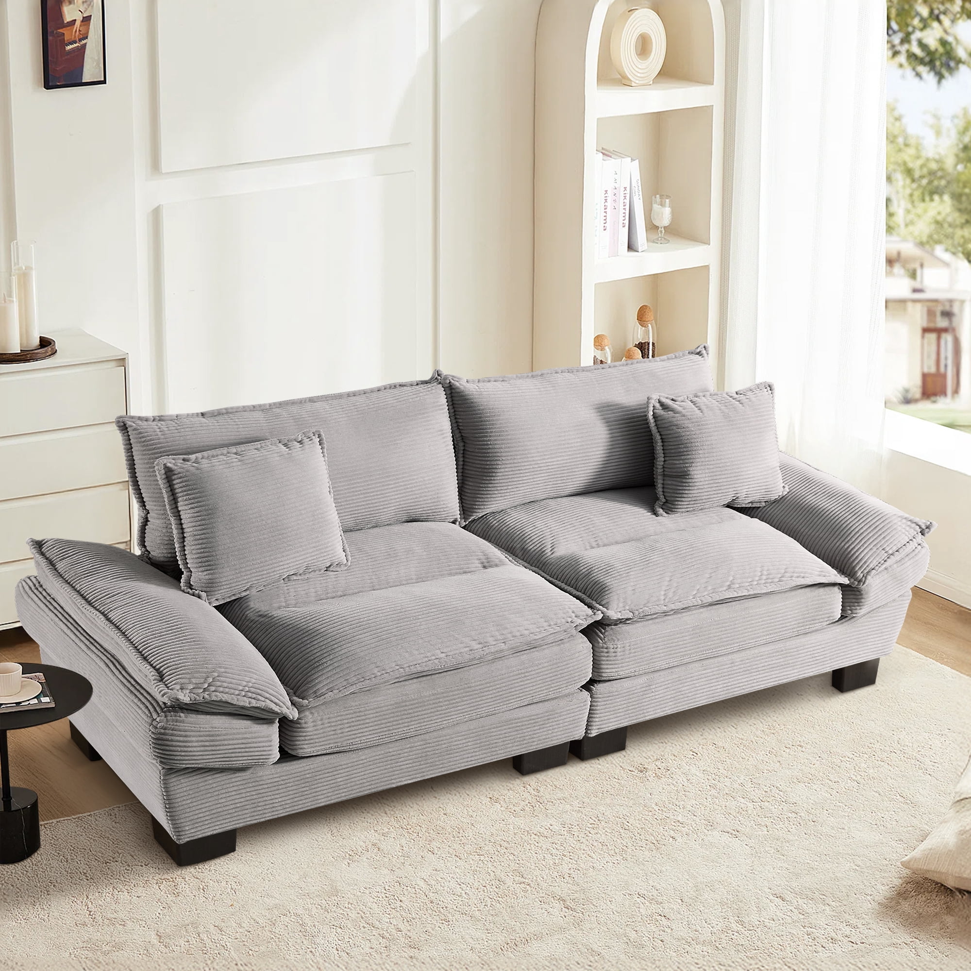 Dinosisco 84"L Deep Seat Sofa, Corduroy Upholstered Sleeper Couch for Living Room, Light Gray