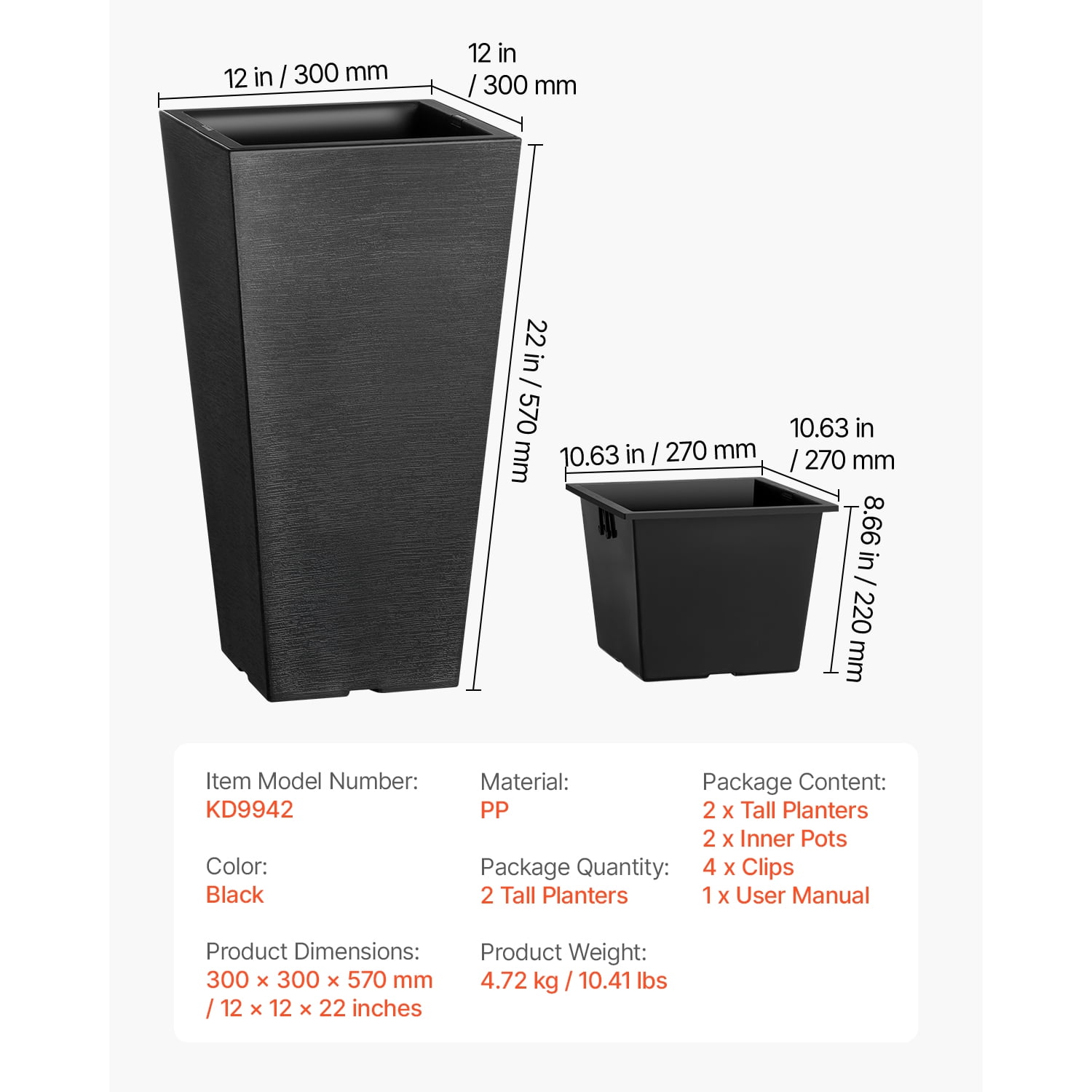 KFFKFF Set of 2 Tall Outdoor Planters 22inch, Large Pots for Indoor and Outdoor Plants, Black Tapered Square Planters for Front Porch with Contemporary Design and Integrated Drainage System