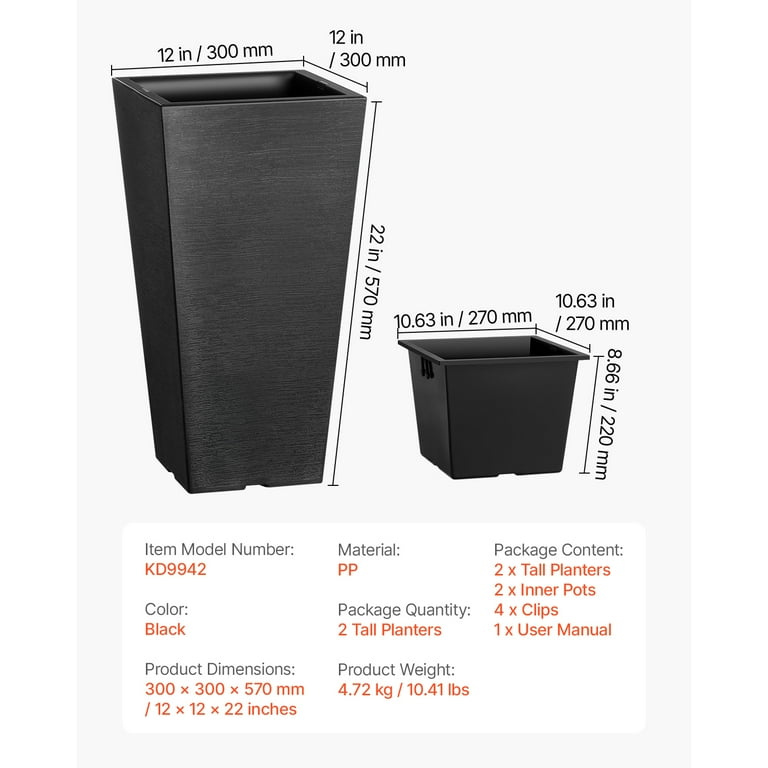 KFFKFF Set of 2 Tall Square Planters, 22 Inch, Black photo 7