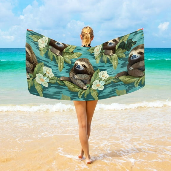 Sloth and Flowers Beach Towel Camping Towel Microfiber Oversized 37" x 74" Absorbent for Seaside Camping Swimming Fitness