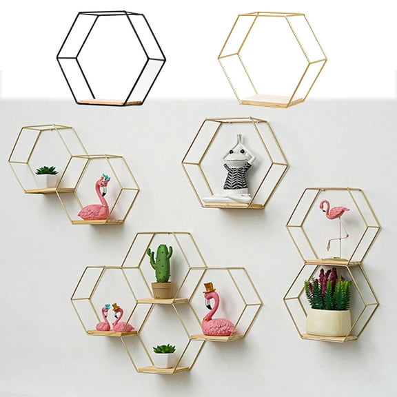 Meidiya Nordic Style Iron Wall Hexagonal Shelf Decoration,Wall-Mounted Hexagonal Iron Stand Storage Shelves TV Background Bedroom Bedside Pendant
