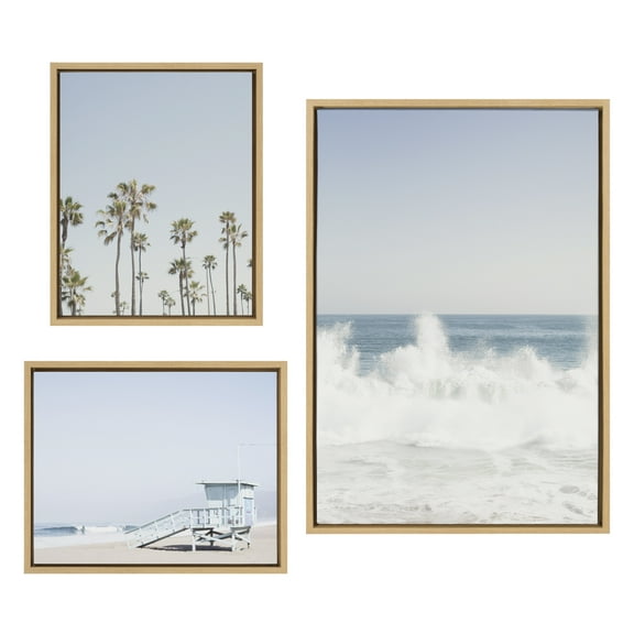 Kate and Laurel Sylvie Waves Crashing, Palm Tree Paradise and Pale Blue Lifeguard Tower Framed Canvas Wall Art Set by Caroline Mint, 3 Piece Set Natural, Coastal Beach Art Set for Wall