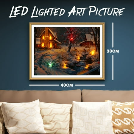 Lighted Wall Art Home LED Lighted Light-up Canvas Night Snow Cabin Art Picture Print Home Wall Decor 40x30cm Christmas Gift ()