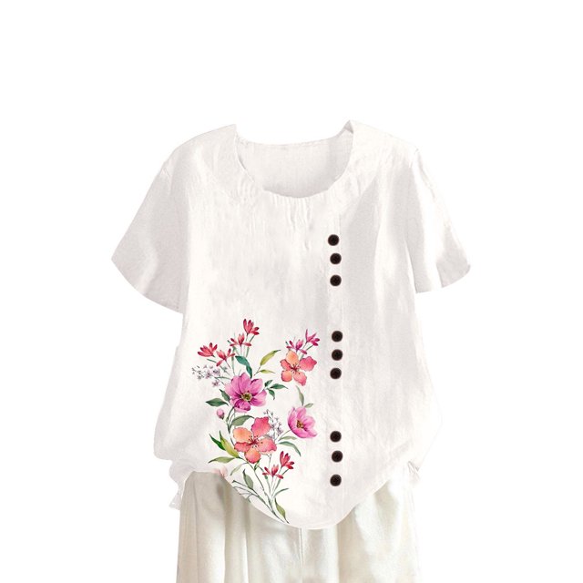 Camisetas de Manga Corta para las Mujeres Botón de Impresión Casual Cuello Redondo Camiseta Superior, Blusas para las Mujeres Casual
