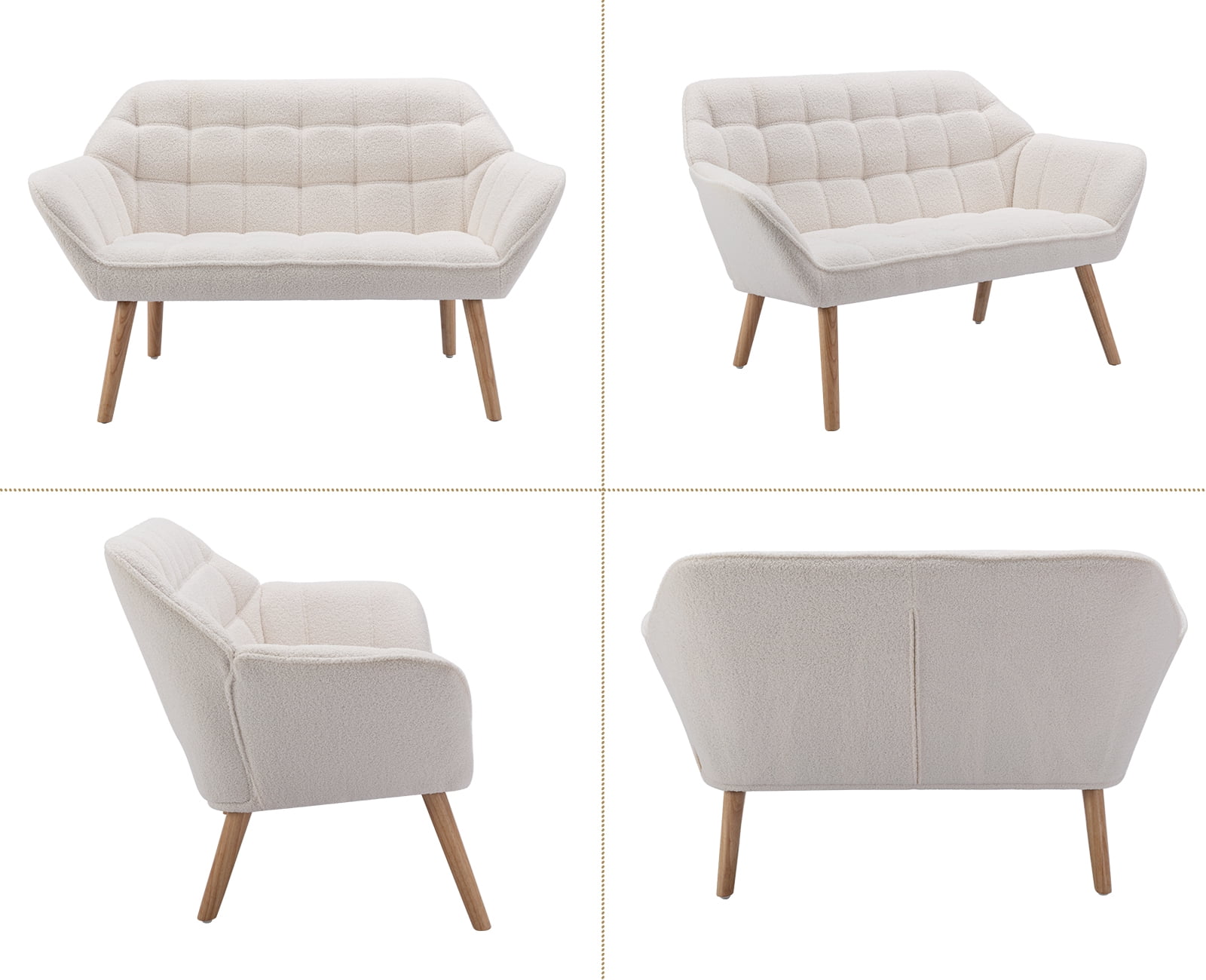 Guyou Small Loveseat Sofa, Modern Sherpa 2-Seater Mini Sofa Couch with Quilted Back and Armrests, Cute Accent Chair with Wooden Legs for Living Room Bedroom Apartment, White