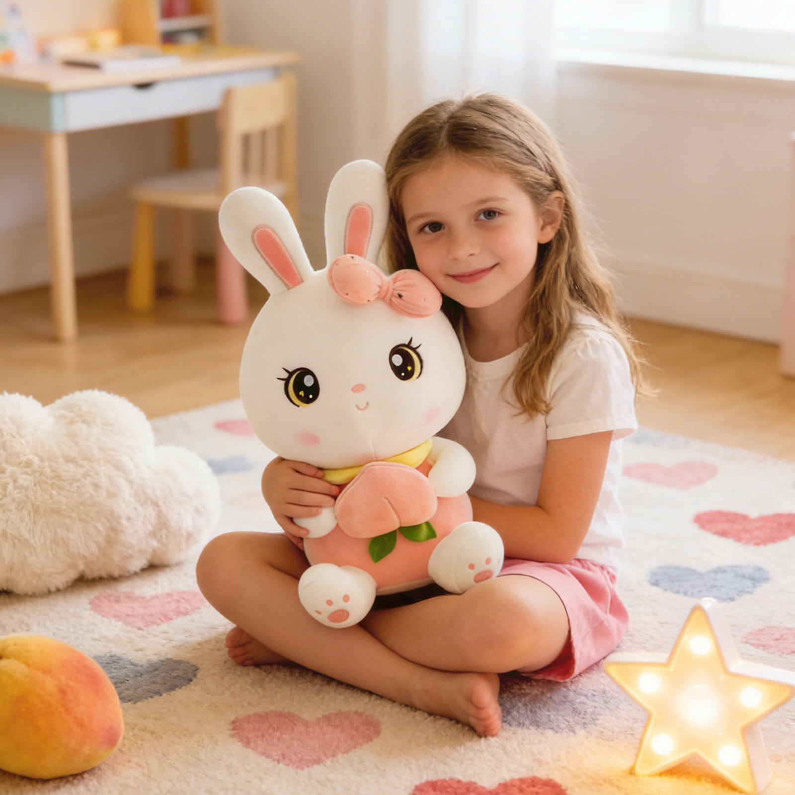 Cute Cartoon Bunny Plush Toy Holding Peach, Soft Rabbit Stuffed Animal Doll for Home Decor and Holiday Gifts, Adorable Animal Character Plushie 19.69-inch