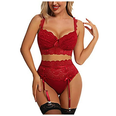 

BIZIZA Lace Bra and Panty Sets for Women Teddy Babydoll Lingerie Set Sexy Bralette Lingerie with Garter Red S